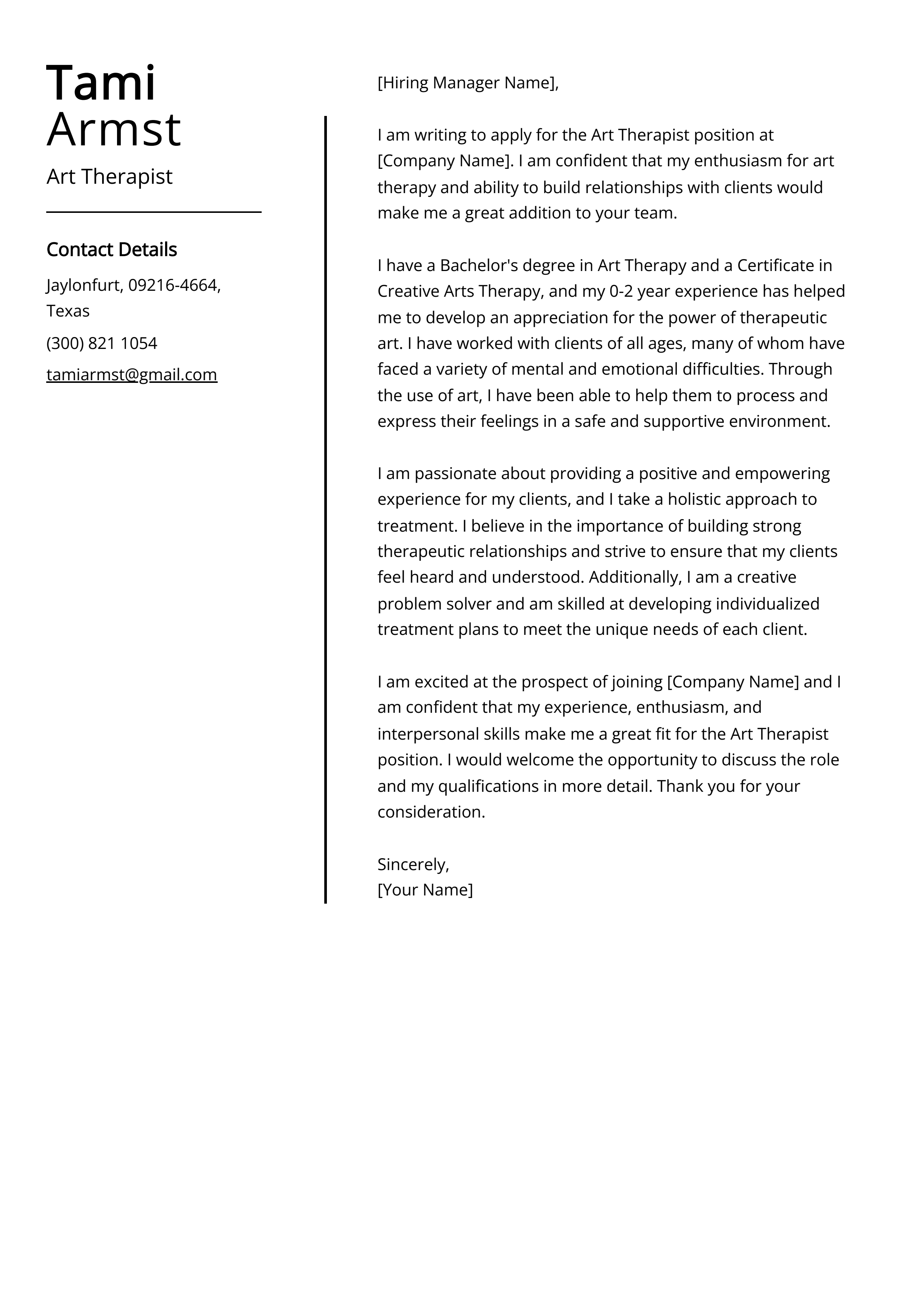 Art Therapist Cover Letter Example for 2023 (Skills & Templates)