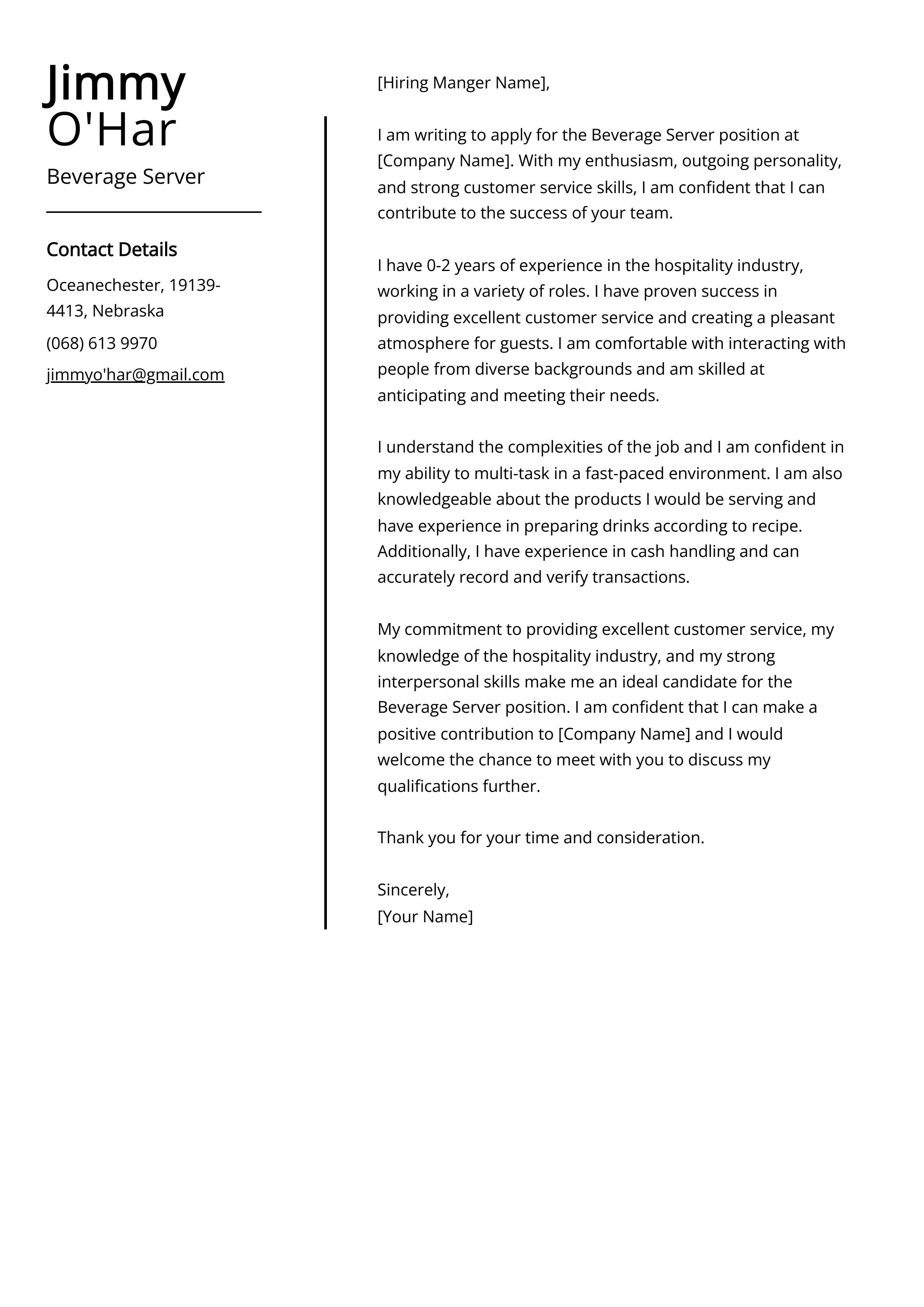 Beverage Server Cover Letter Example for 2023 (Skills & Templates)