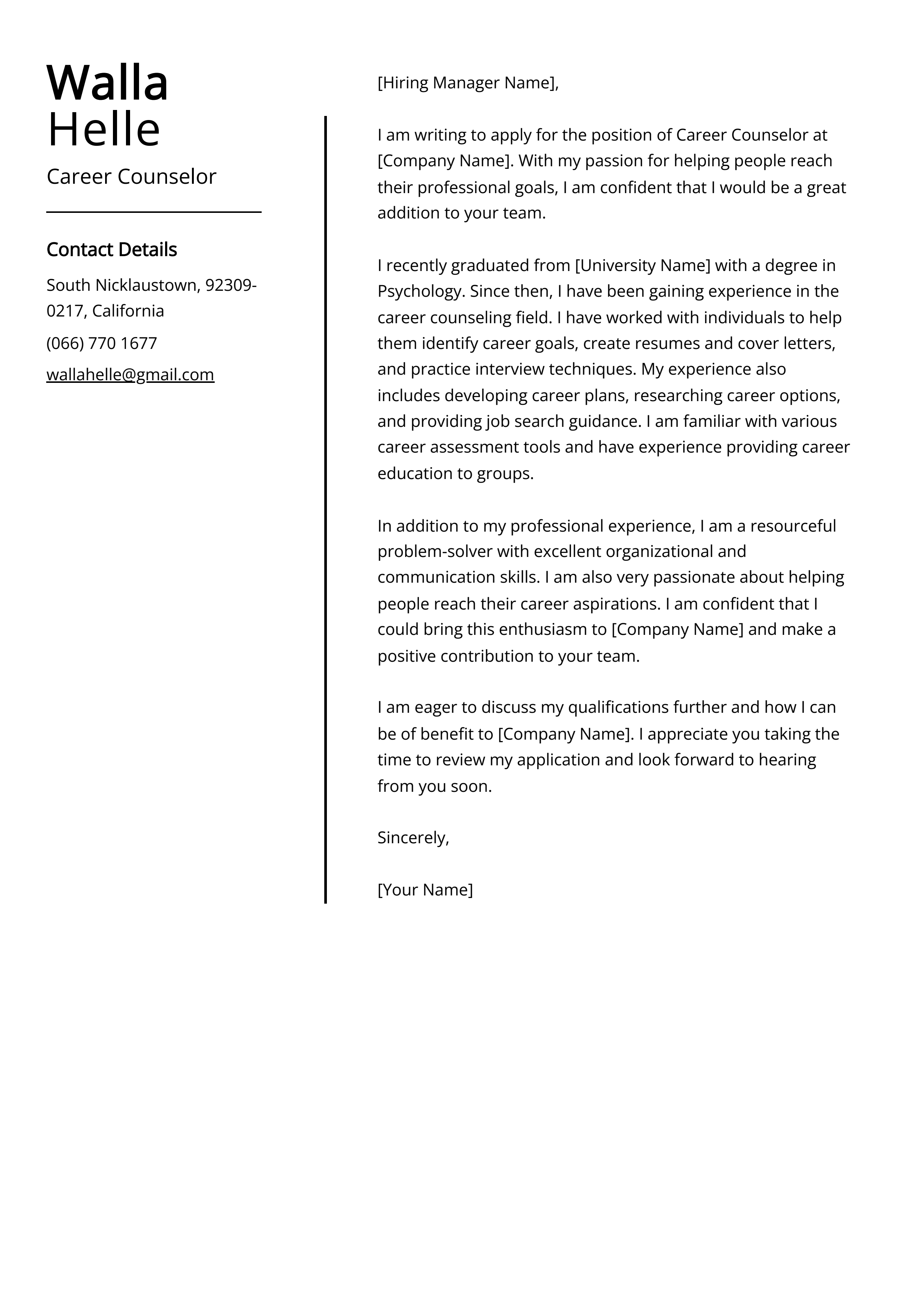 Career Counselor Cover Letter Example For 2023 Skills Templates Career Counselor Cover Letter Example