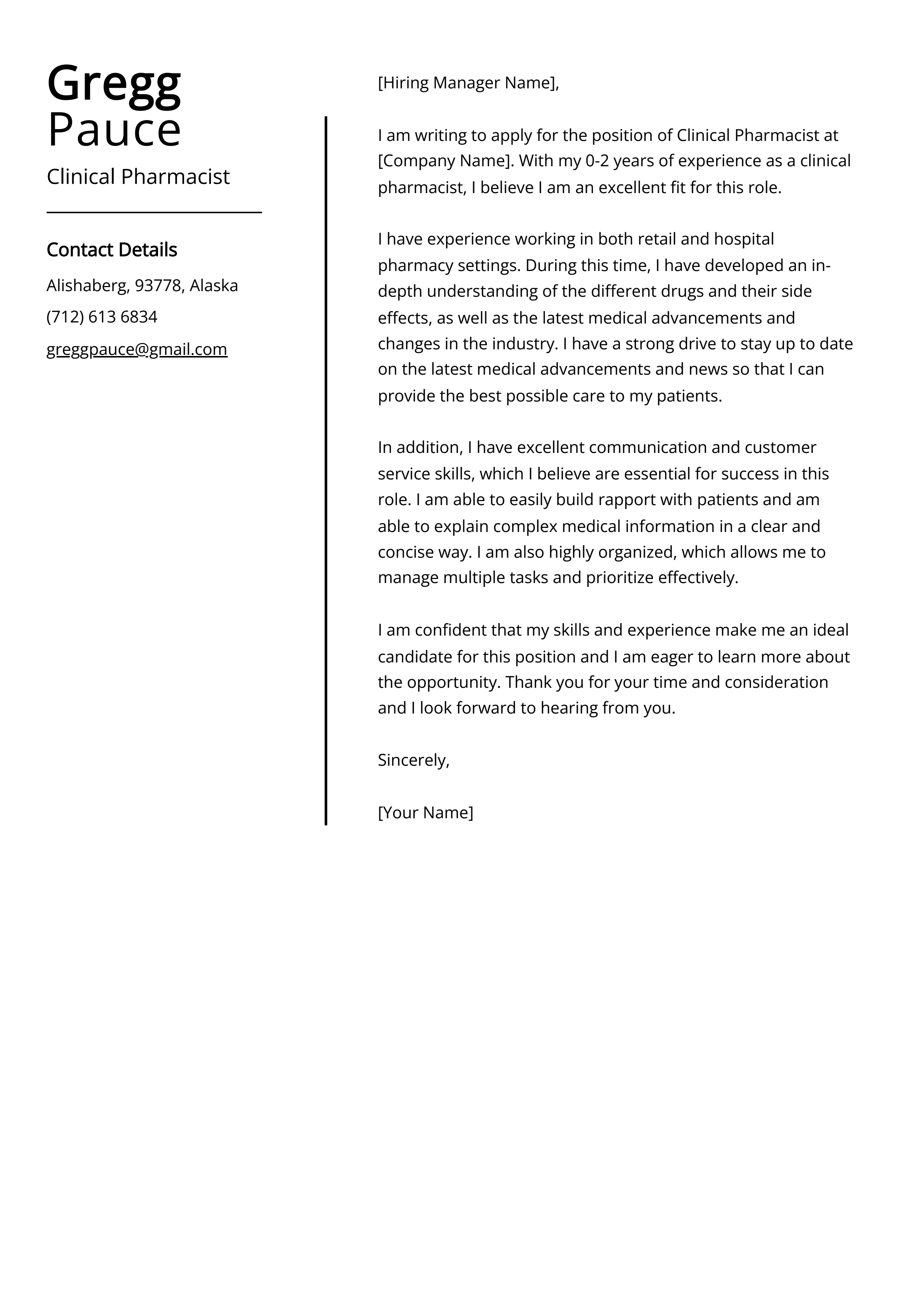 cover letter for pharmacist in australia