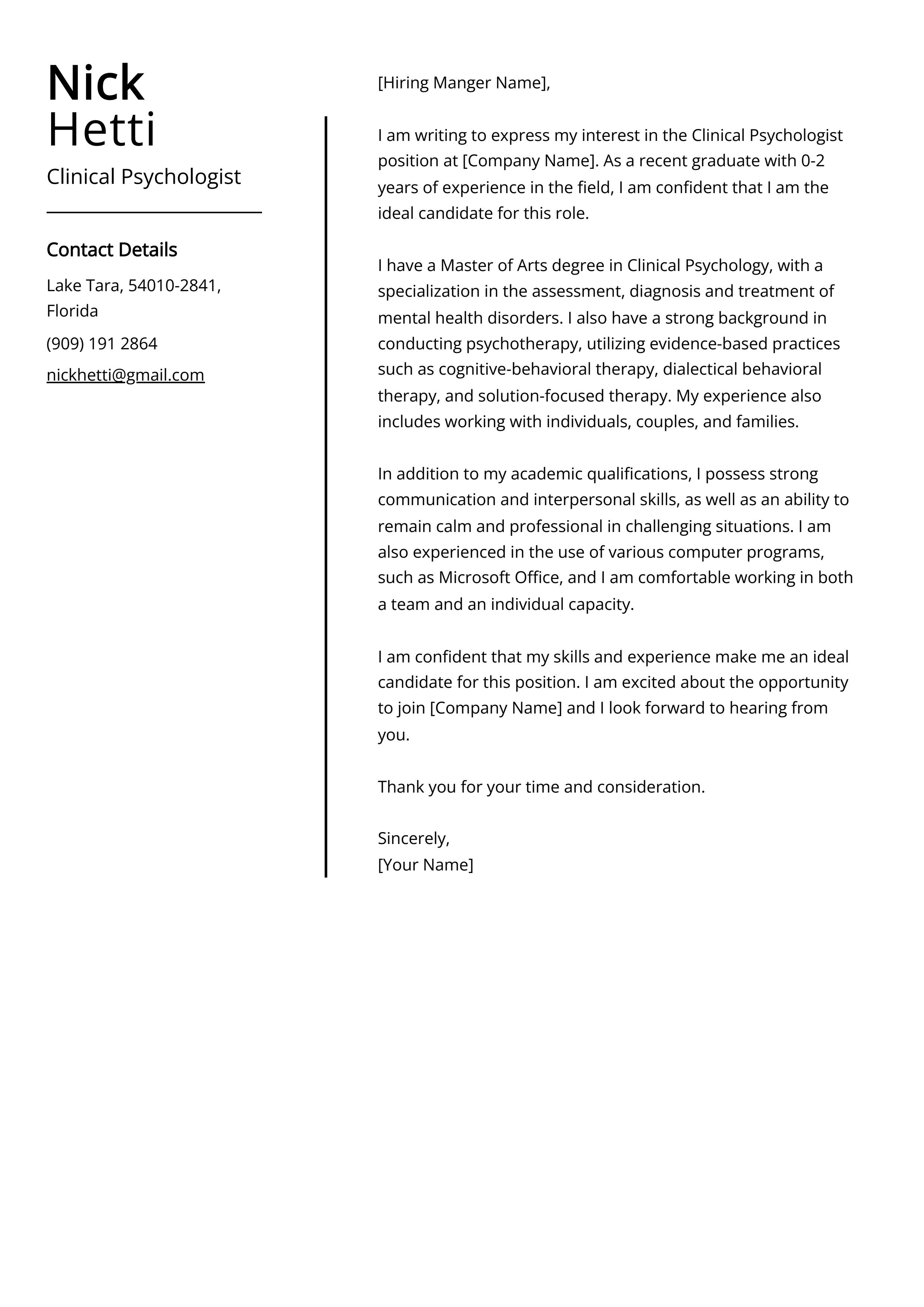 cover letter of psychology graduate