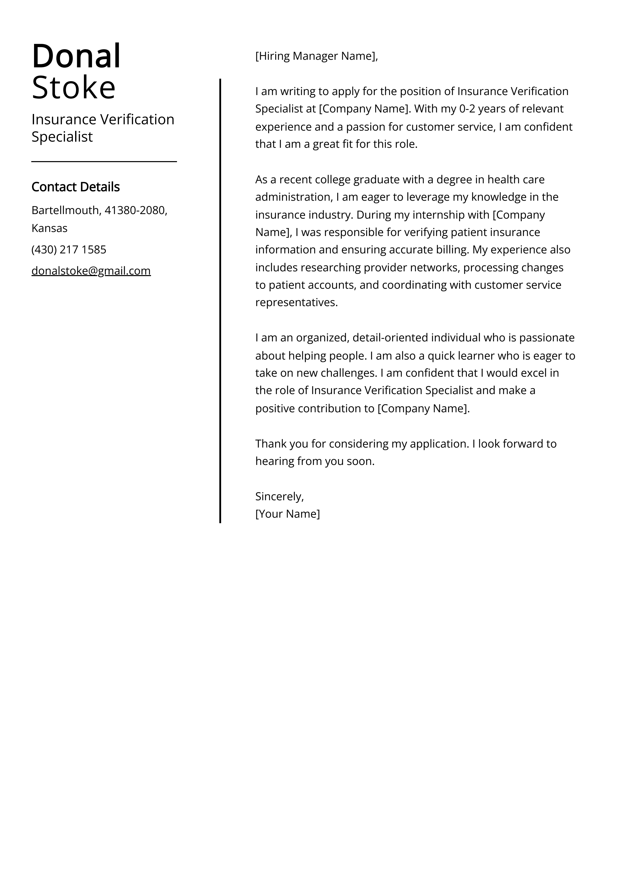 Insurance Verification Specialist Cover Letter Sample Guide Entry 
