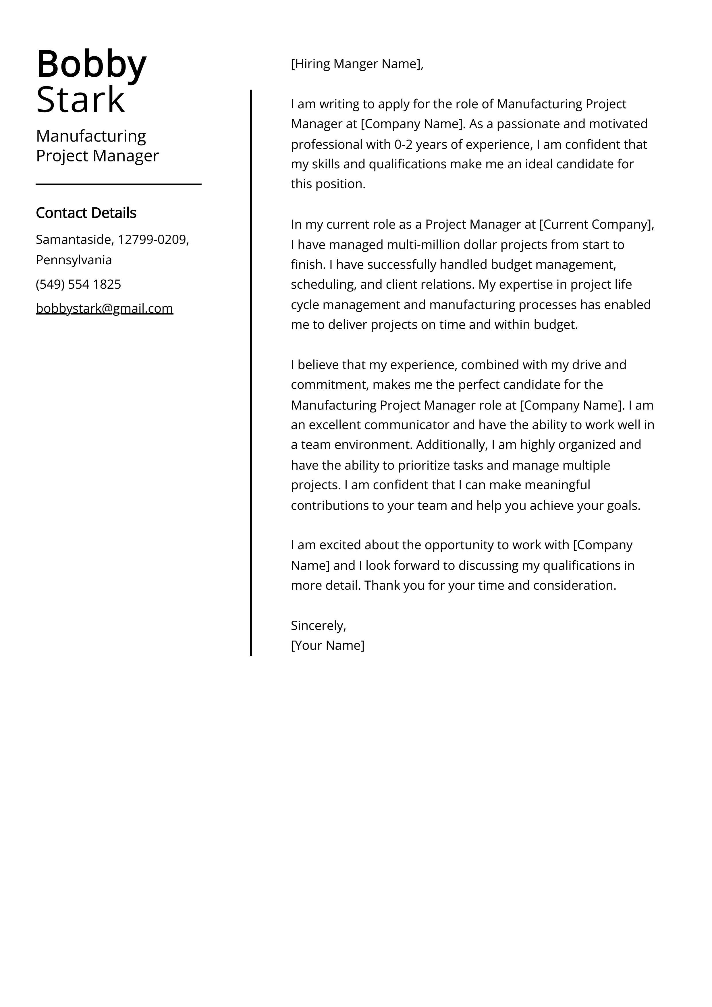 Manufacturing Project Manager Cover Letter Job Description, Sample & Guide