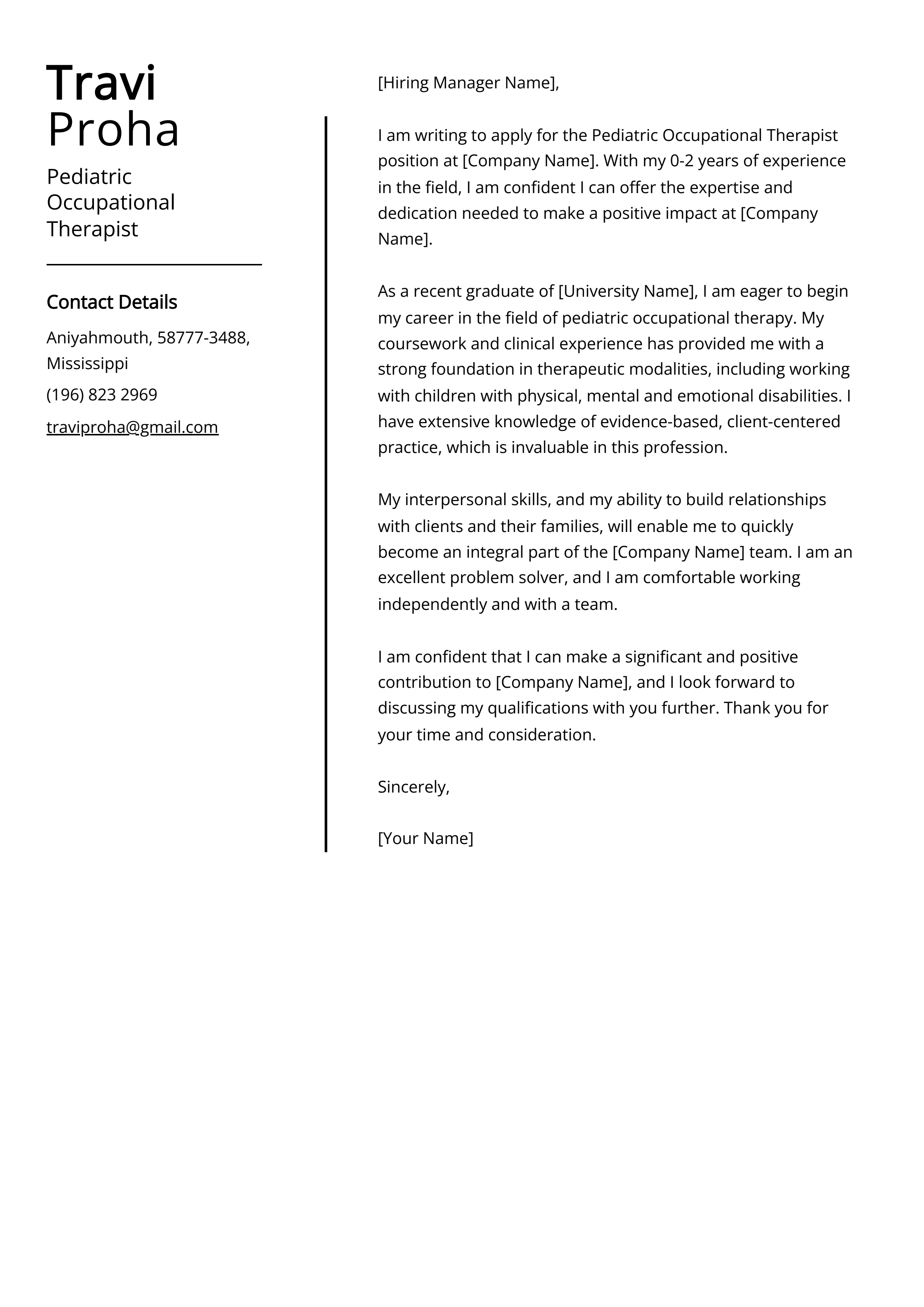 Pediatric Occupational Therapist Cover Letter Example (Free Guide)