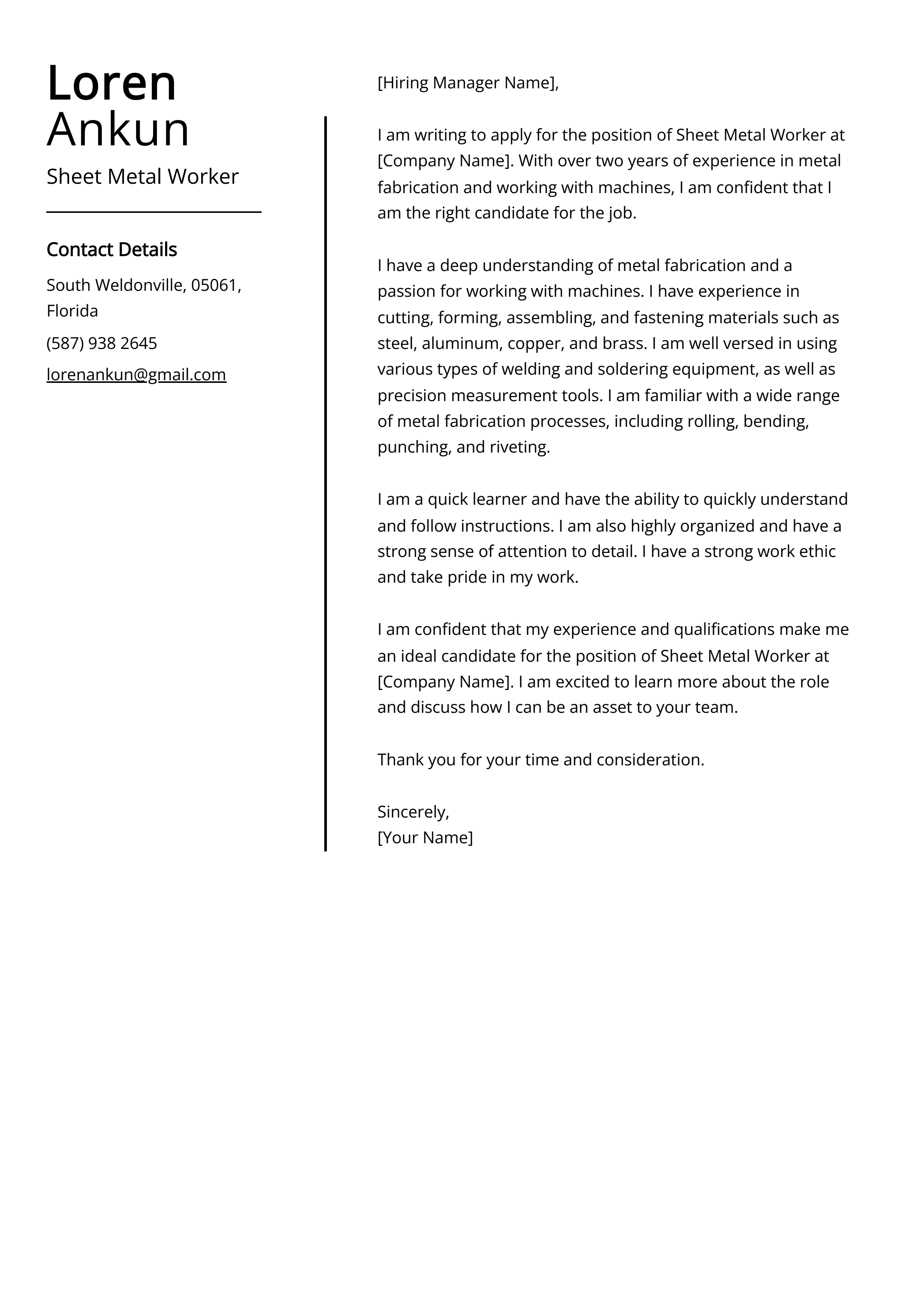 Sheet Metal Worker Cover Letter Examples (Template & 20+ Tips)