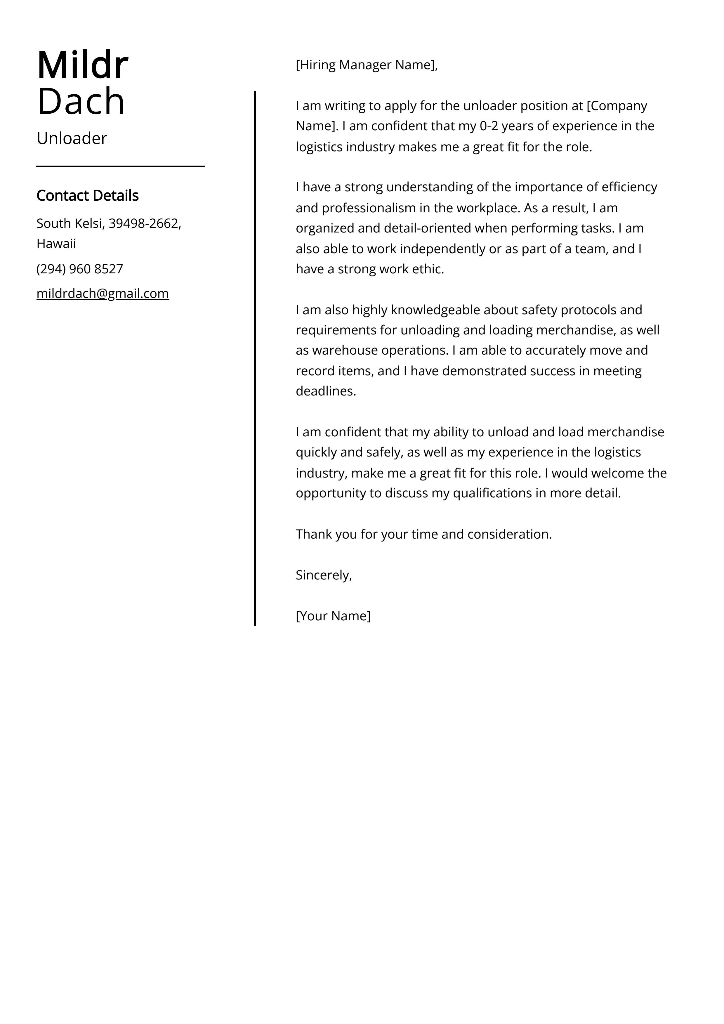 Unloader Cover Letter Examples & Guide