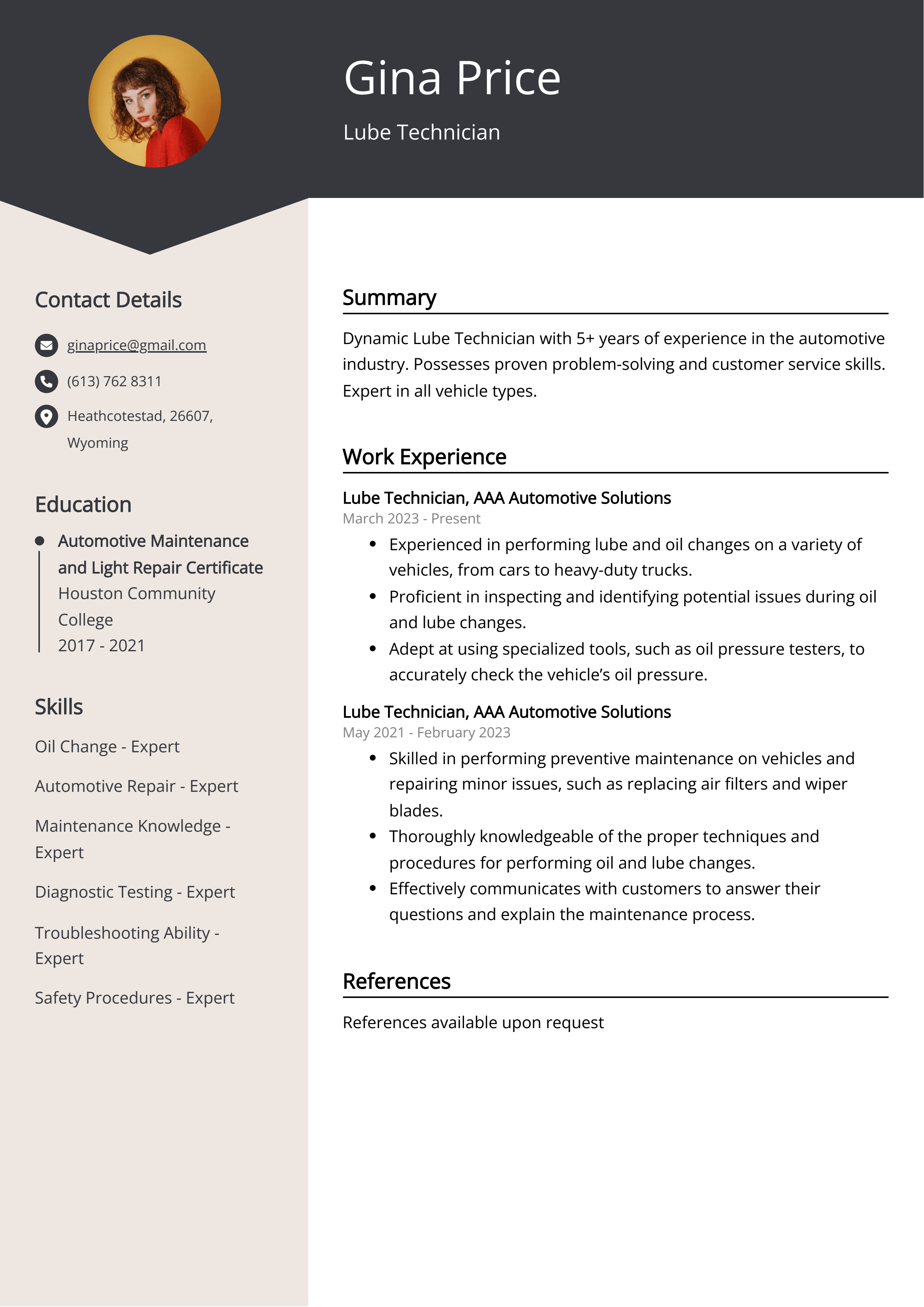 Lube Technician CV Job Description, Sample & Guide