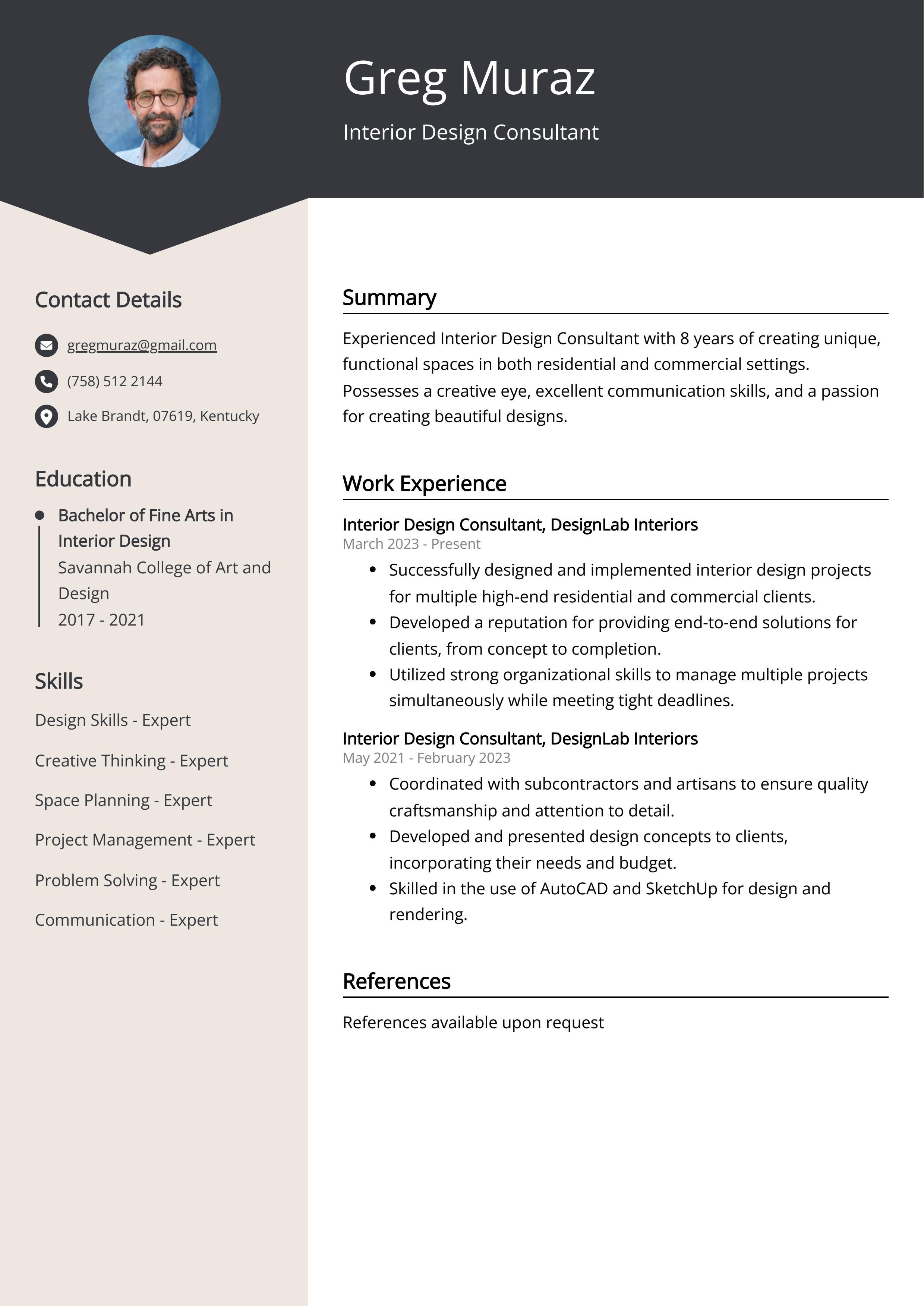 Interior Design Consultant Resume: Sample & Guide [Entry Level + Senior ...
