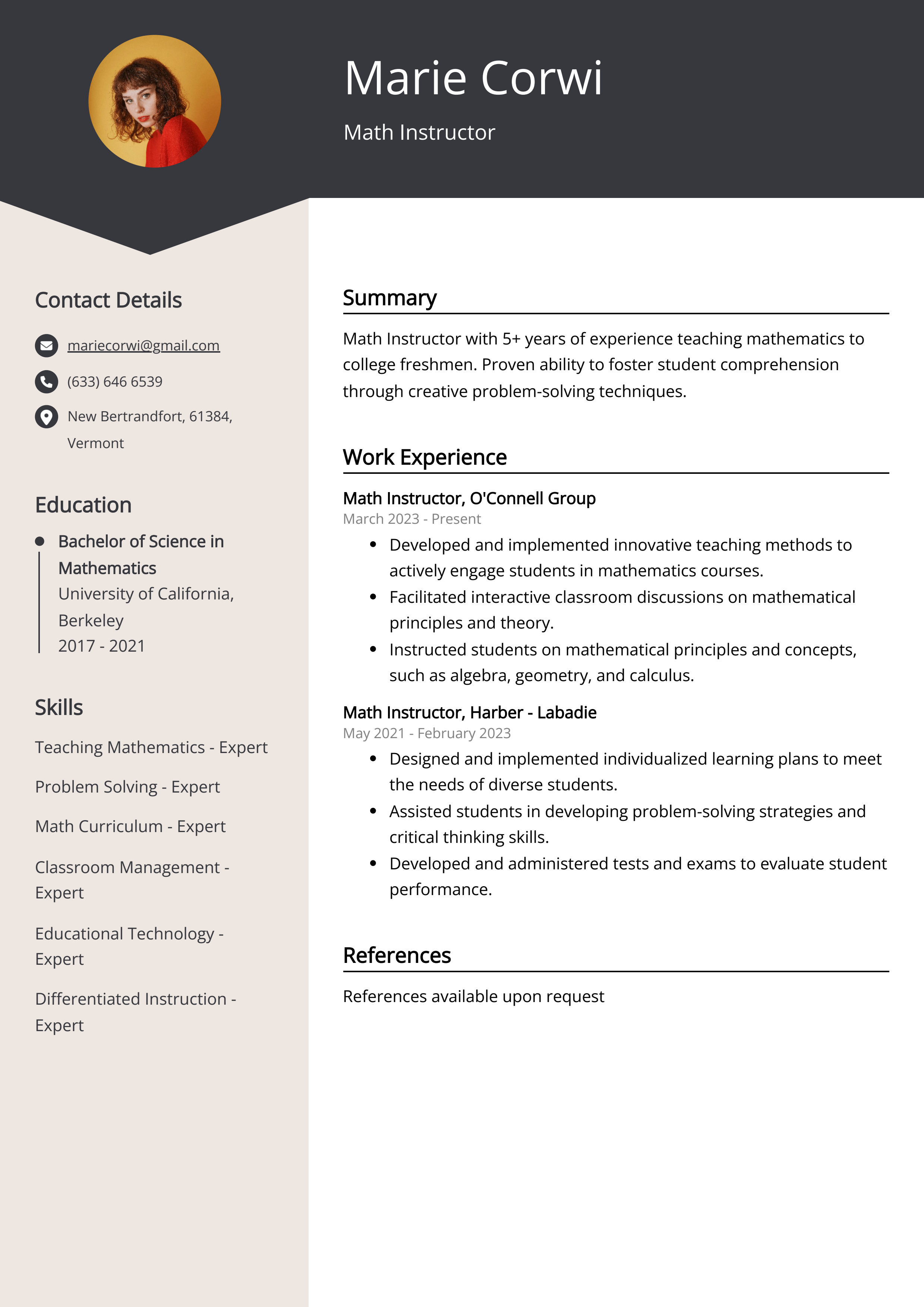 Math Instructor CV Job Description, Sample & Guide