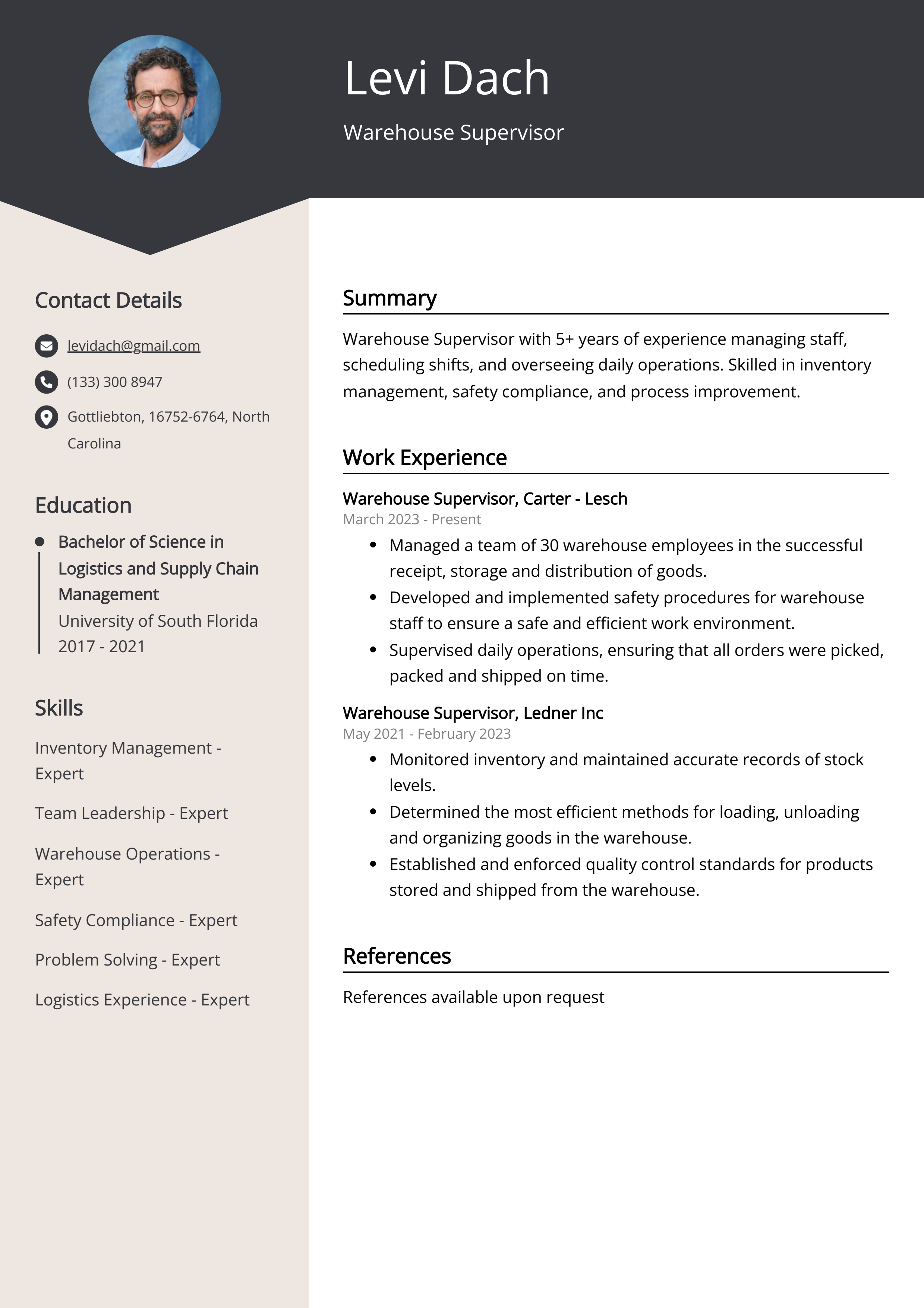 Warehouse Supervisor CV Examples Guide   Warehouse Supervisor Resume Example 