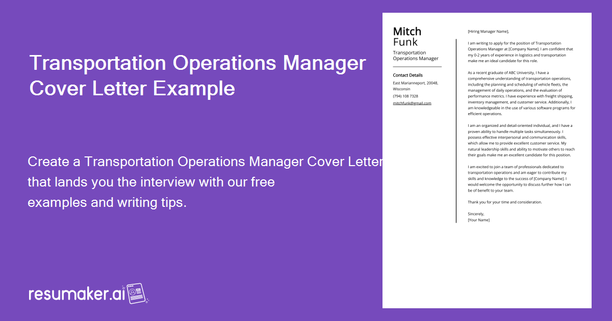 Transportation Operations Manager Cover Letter Examples (Template & 20 ...