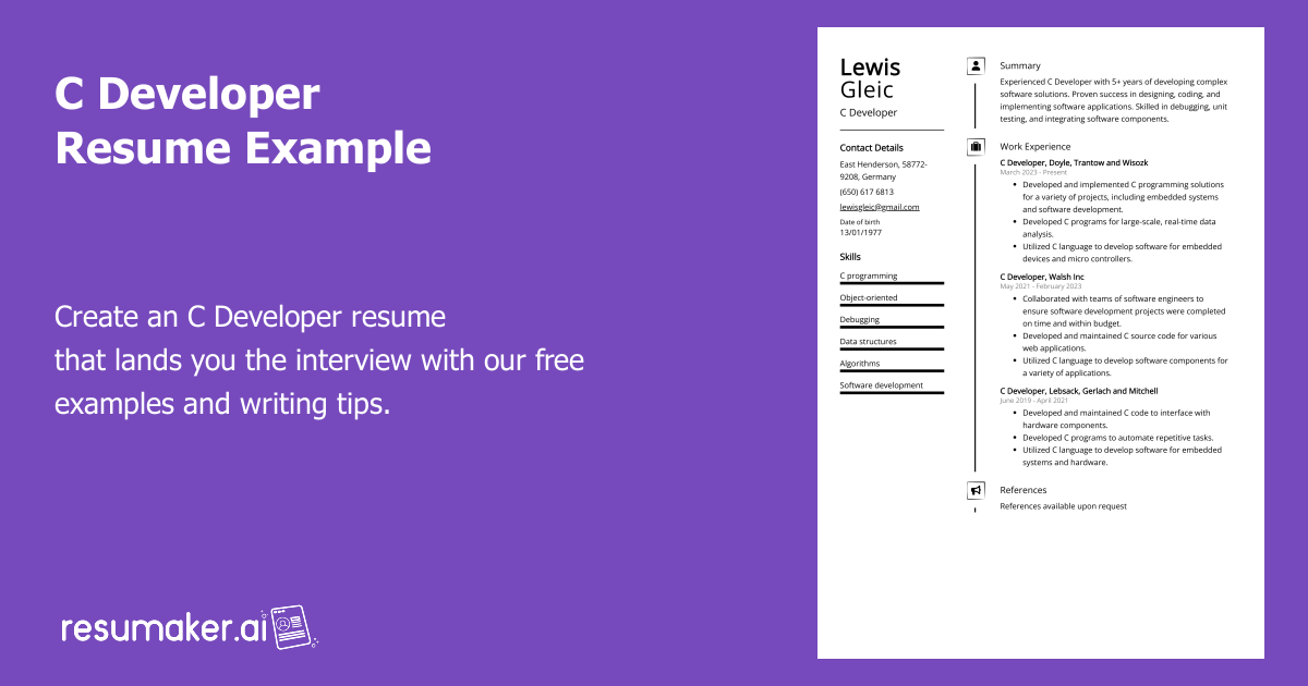 C Developer Resume Example (Free Guide)
