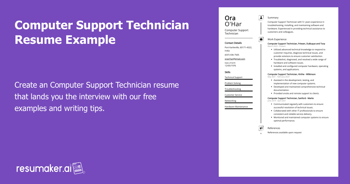 Computer Support Technician Resume Example (Free Guide)