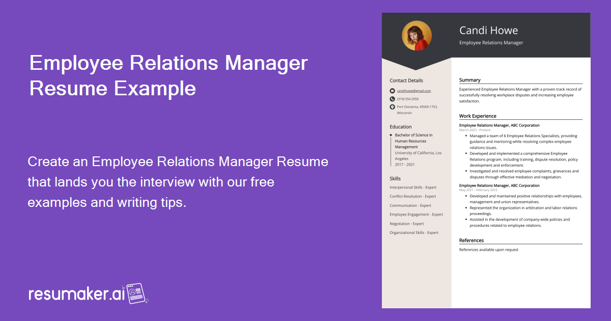 Employee Relations Manager Resume Example for 2023 (Skills & Templates)