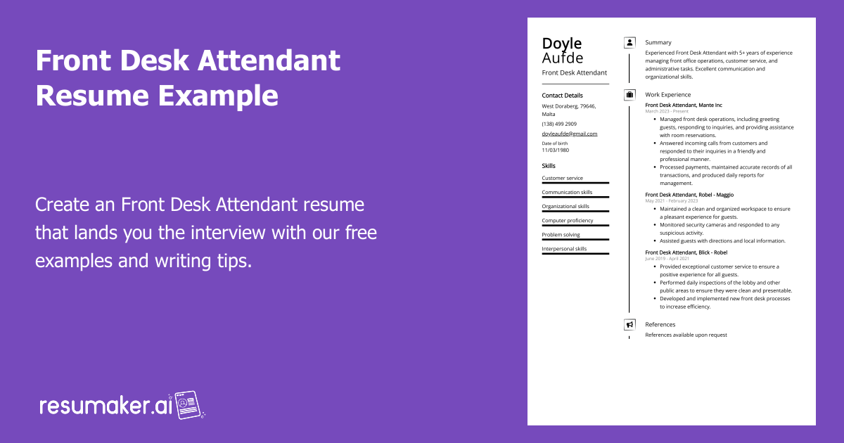 Front Desk Attendant Resume Example (Free Guide)
