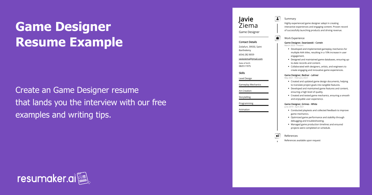 Game Designer Resume Example Free - Game Designer Resume Example