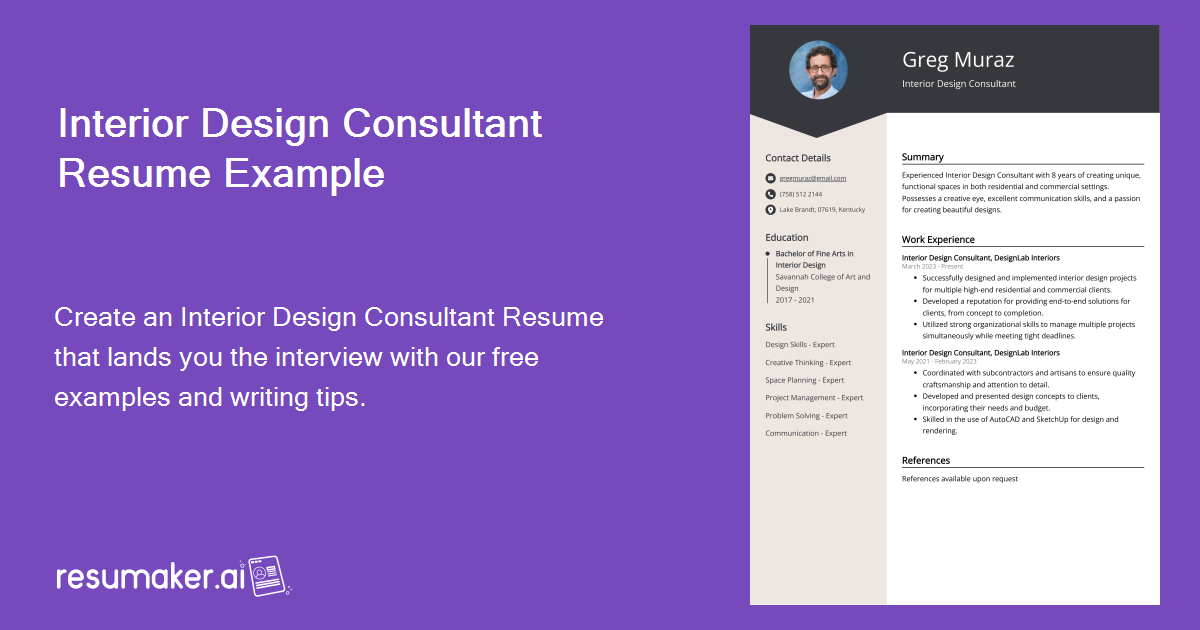 Interior Design Consultant Resume: Sample & Guide [Entry Level + Senior ...