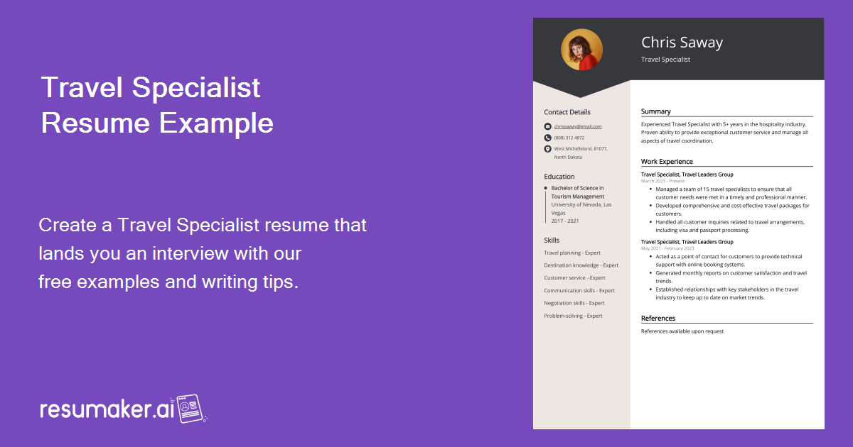Travel Specialist Resume Examples (Template & 20+ Tips)