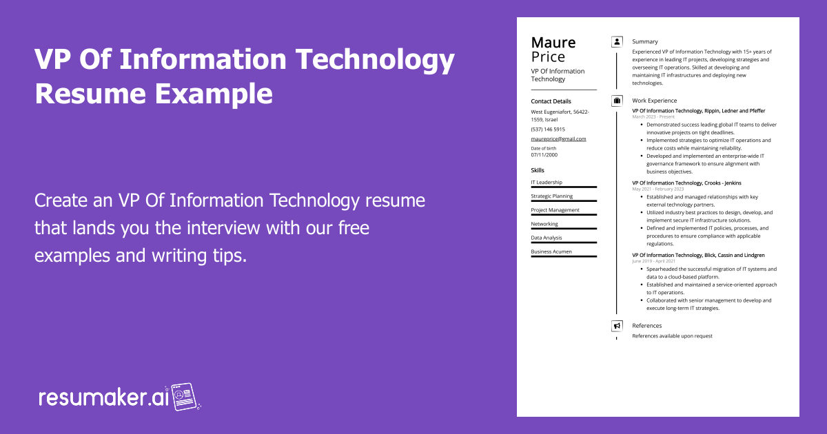 Vp Informatics VP Of Information Technology Resume Example (Free Guide)